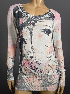 Vintage Y2K Fairy Sweater Size S Graphic Girl Face Allover Print Pink White